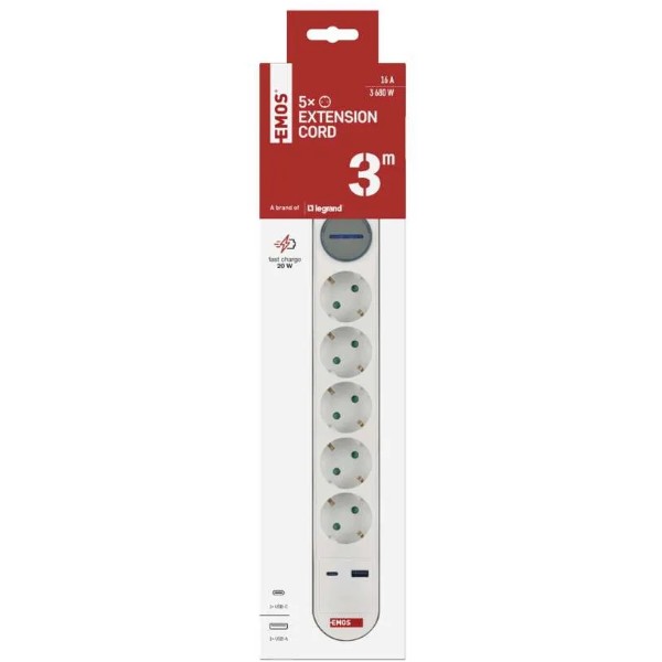 Фото - Удлинитель 220В EMOS P1523FC 5розетки 3м. 1xUSB-A+1xUSB-C