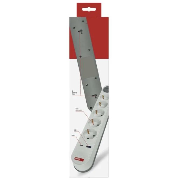 Фото - Удлинитель 220В EMOS P1523FC 5розетки 3м. 1xUSB-A+1xUSB-C