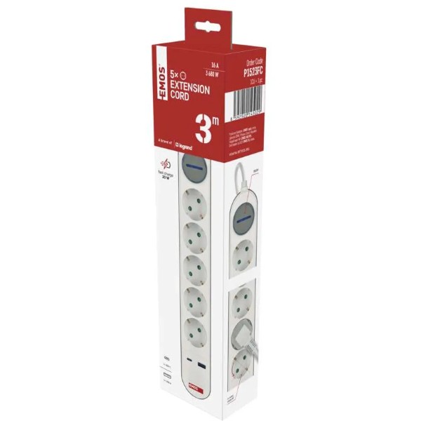 Фото - Удлинитель 220В EMOS P1523FC 5розетки 3м. 1xUSB-A+1xUSB-C