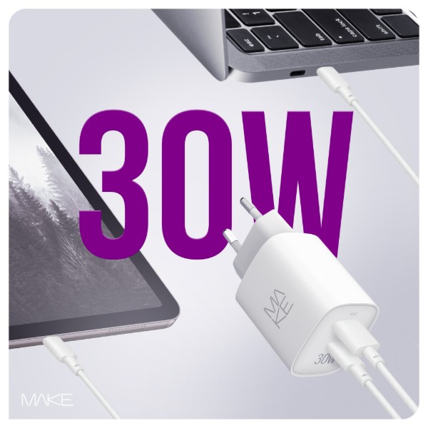 Фото - Сетевое зарядное устройство MAKE 30W GaN PD + QC3.0  White (MCW-3021GWH)
