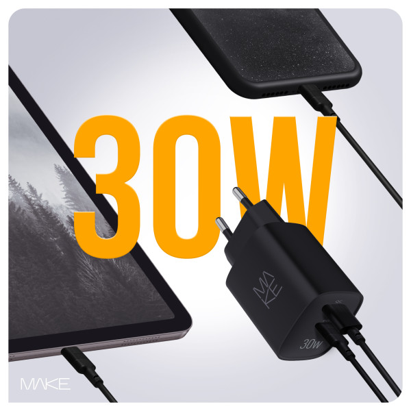 Фото - Мережевий зарядний пристрій MAKE 30W GaN PD + QC3.0  Black (MCW-3021GBK)