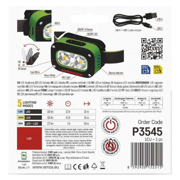 Фото - Ліхтар акумуляторний EMOS LED P3545 170Lm Li-Ion 800 mAh, налоб.пласт.