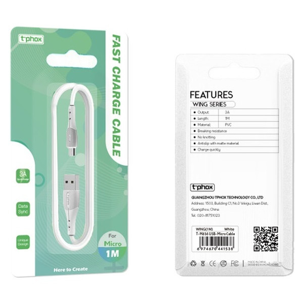 Фото - Кабель синхронізації даних T-phox Wing Micro USB 1m White (T-M836)