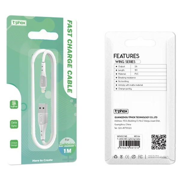 Фото - Кабель синхронизации данных T-phox Wing Lightning 1m White (T-L836)
