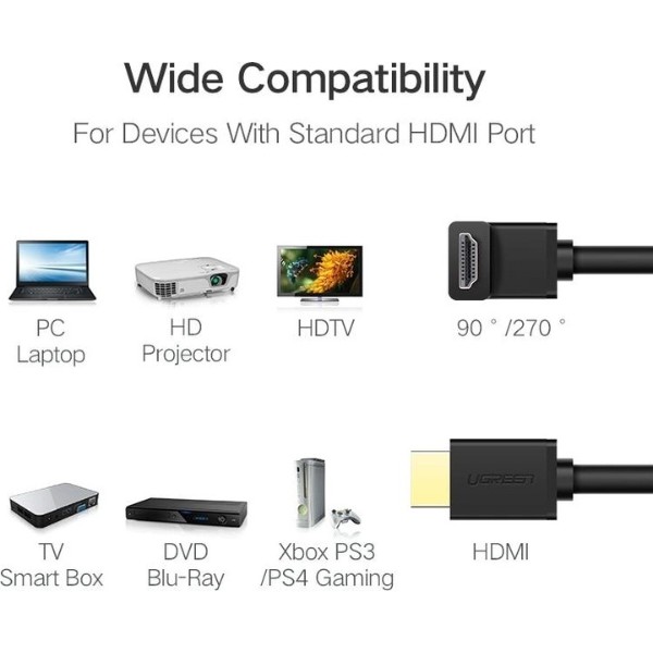 Фото - Кабель HDMI UGREEN HD103 HDMI Cable Right Angle 90 Degree 1m Black (10172)