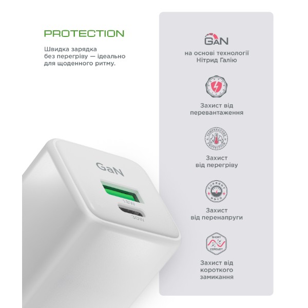 Фото - Мережевий зарядний пристрій Armorstandart AR371 30W GaN Type-C + USB White (ARM77549)