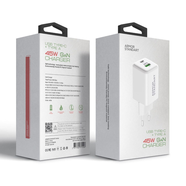 Фото - Мережевий зарядний пристрій Armorstandart AR372 45W GaN Type-C + USB White (ARM77550)