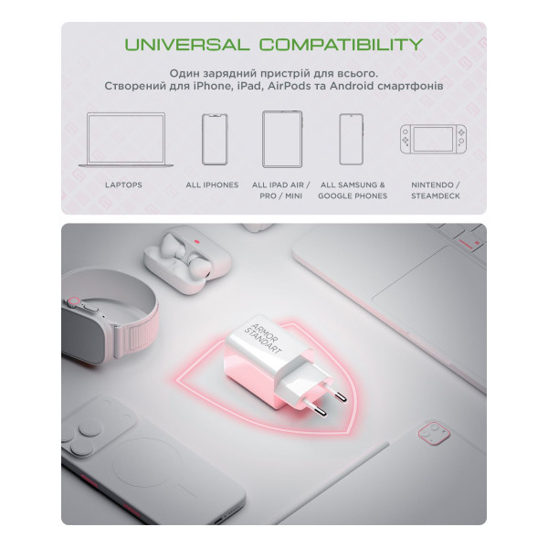 Фото - Мережевий зарядний пристрій Armorstandart AR372 45W GaN Type-C + USB White (ARM77550)