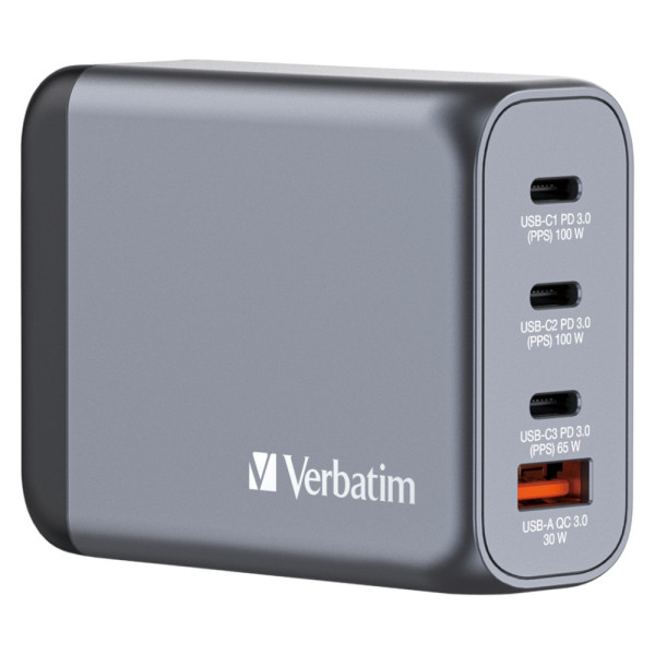 Фото - Сетевое зарядное устройство Verbatim GaN 100 Вт 2xUSB-C-100 Вт,USB-C 65 Вт /USB-A -3.0 (32202)