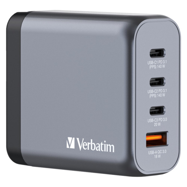 Фото - Мережевий зарядний пристрій Verbatim GaN 140 Вт 2xUSB-C-140 Вт,USB-C 20 Вт /USB-A -3.0 (32203)