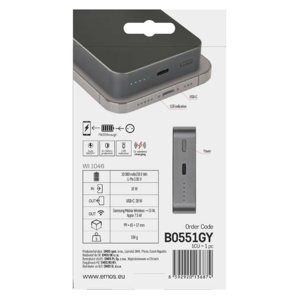 Фото - Батарея мобильная EMOS B0551GY WI1046 20W/10000mAh, серый, PD20W