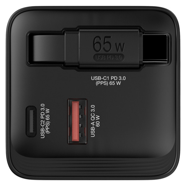 Фото - Мережевий зарядний пристрій Verbatim GaN 65 Вт USB-C/1xUSB-A з висувним кабелем (32217)