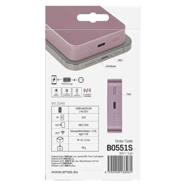 Фото - Батарея мобильная EMOS B0551S WI1046 20W/10000mAh, розовый, PD20W