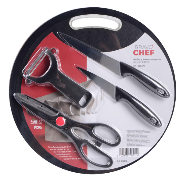 Фото - Набір ножів BRAVO CHEF з дошкою, ножиці, овощечистка (BC-5108/5)