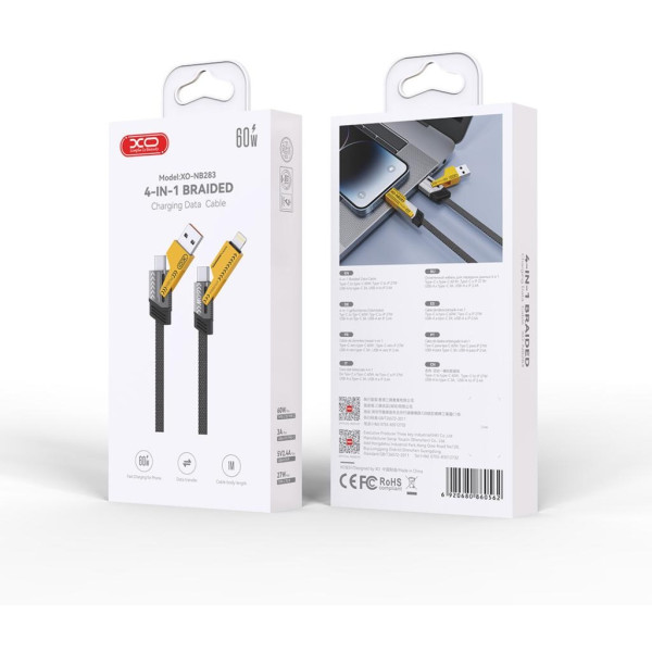 Фото - Кабель синхронізації даних XO Braided Flat Type-C/USB-A to TYPE-C/Lightning 4-in-1 60W 1m (NB283_4-in-1_Black)