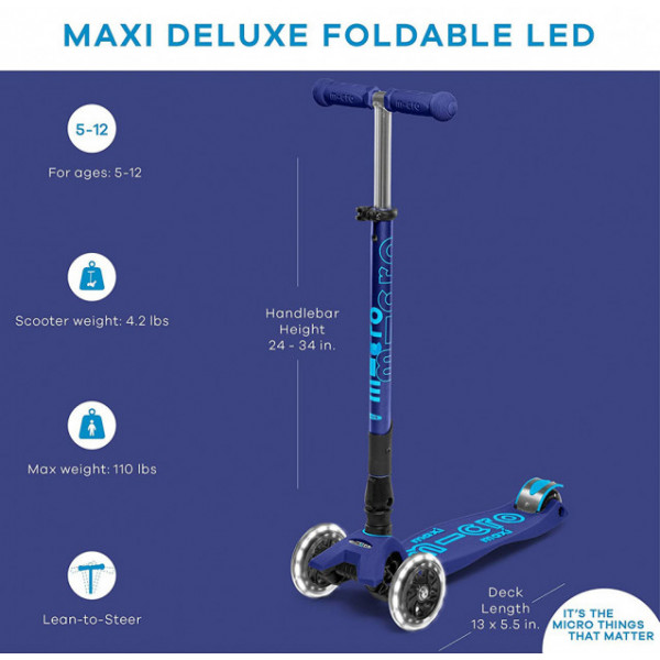 Фото - Триколісний самокат Micro "Maxi Deluxe LED" - ТЕМНО-СИНІЙ (складний, до 50 кг, триколісний, світло)