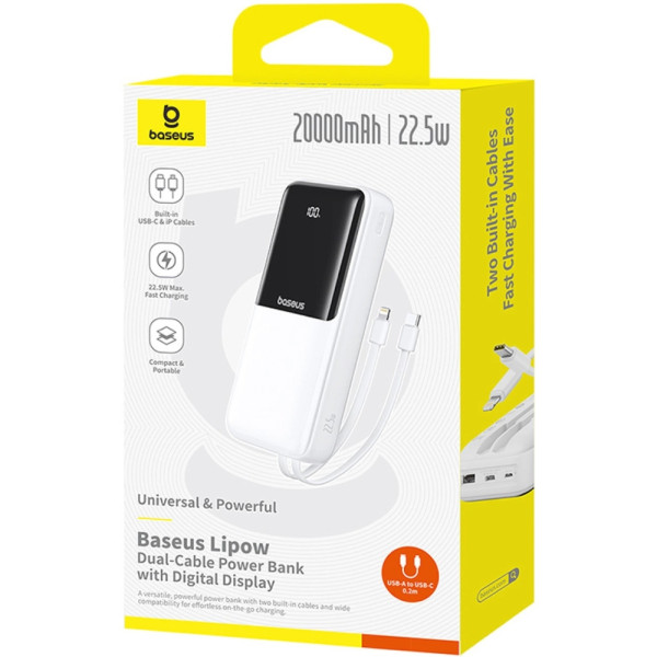 Фото - Батарея мобільна Baseus 20000mAh Lipow 22,5W PD,QC USB-A,MicroUSB,USB-C In/Out, Built-In Lightning/USB-C cable (P10079102213-00)