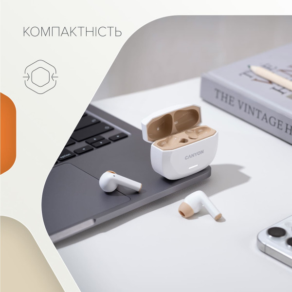 Фото - Навушники вкладиші бездротові TWS Canyon Hexagon 7 TWS ANC+ENC Wireless Charge White Beige (CNS-TWS7WB)