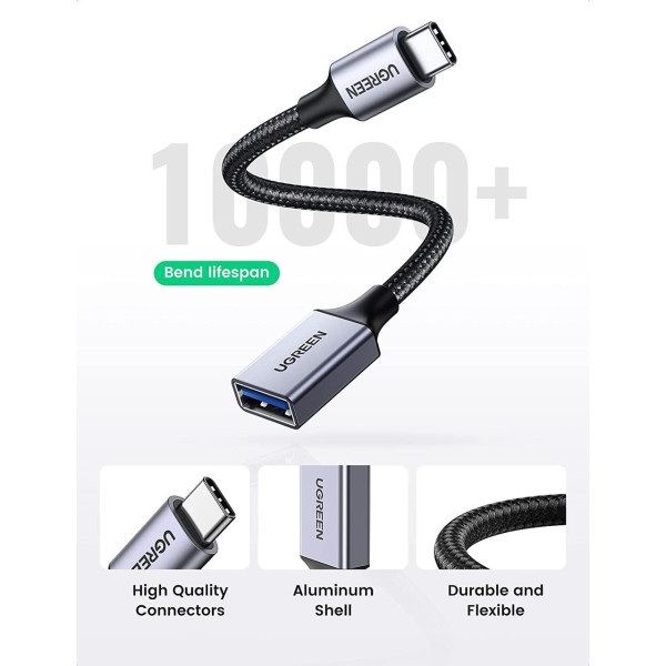 Фото - Переходник UGREEN US378 USB-C to USB 3.0 OTG Alu Case with Braid 10cm Black (70889)
