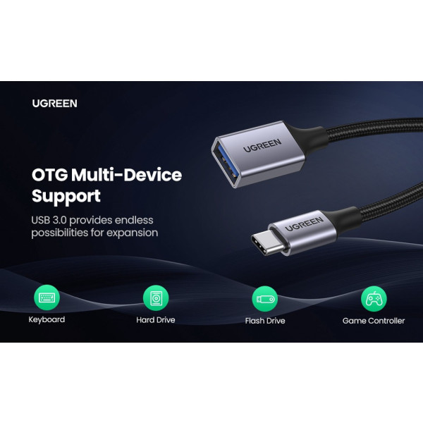 Фото - Переходник UGREEN US378 USB-C to USB 3.0 OTG Alu Case with Braid 10cm Black (70889)