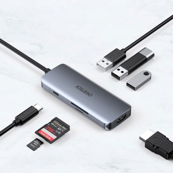 Фото - Хаб USB Choetech USB 3.1 - 3хUSB 3.0+USB-C PD100W+HDMI 4K 30HZ+SD/TF 7 in 1 (HUB-M19-GY)