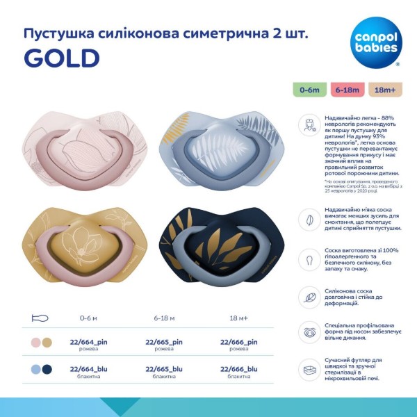 Фото - Симметричная пустышка Canpol babies GOLD 0-6 мес 2 шт. розовая (22/664_pin)