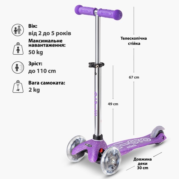 Фото - Триколісний самокат Micro серії Mini Deluxe Fairy Glitter LED - ПУРПУРОВИЙ (MMD207)