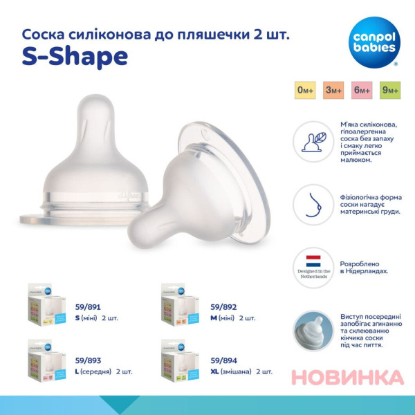 Фото - Малый поток соска детская силиконовая Canpol babies S-Shape M медленная 2 шт. (59/892)