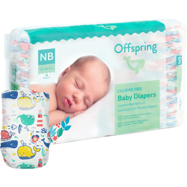 Фото - Одноразові підгузки Offspring розмір NB до 4 кг 56 шт. Кити (DP-OI-FAT-NB56P-WTW)