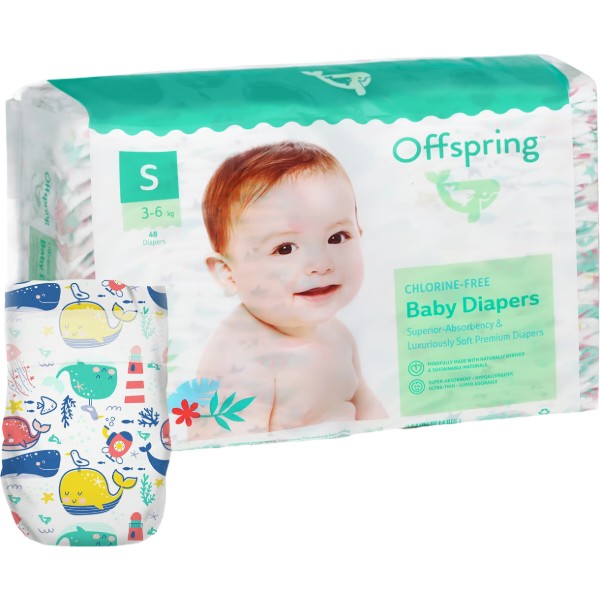 Фото - Одноразовые подгузники Offspring размер S 3-6 кг 48 шт. Киты (DP-OI-FAT-S48P-WTW)