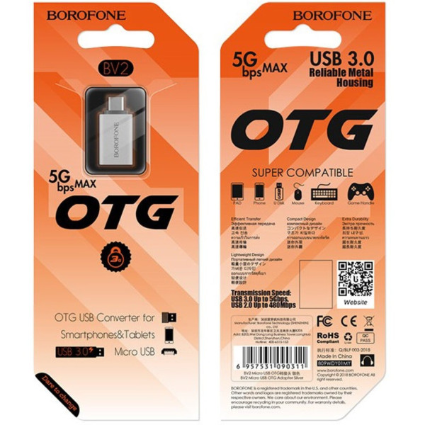 Фото - Перехідник BOROFONE BV2 adapter USB-A to Micro-USB, converter, OTG support, USB 3.0 (6957531090311)