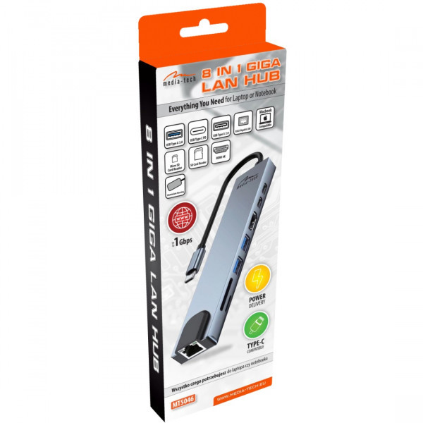 Фото - Хаб USB Media-Tech USB3.1 Type-C - HDMI 4K/2xUSB-A/2xUSB-C/RJ45/SD/TF/PD 100W 8 in 1 (MT5046)