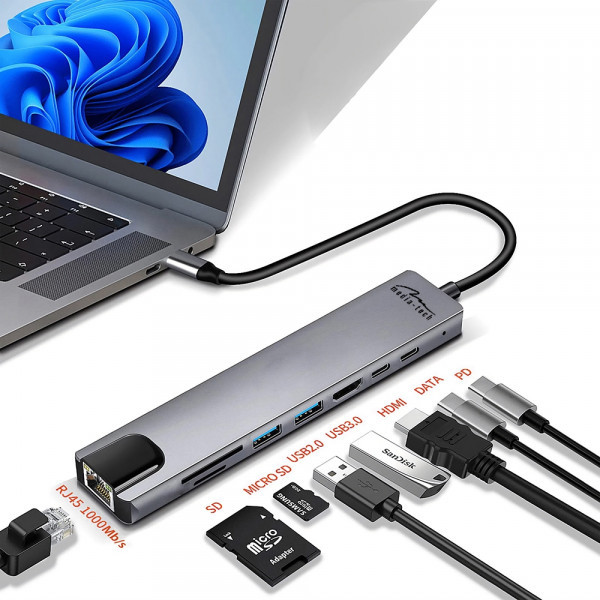 Фото - Хаб USB Media-Tech USB3.1 Type-C - HDMI 4K/2xUSB-A/2xUSB-C/RJ45/SD/TF/PD 100W 8 in 1 (MT5046)