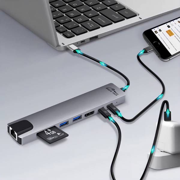 Фото - Хаб USB Media-Tech USB3.1 Type-C - HDMI 4K/2xUSB-A/2xUSB-C/RJ45/SD/TF/PD 100W 8 in 1 (MT5046)