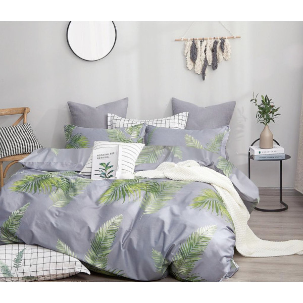 Фото - Комплект постільної білизни Zastelli Leaves on Blue бязь 200х220 см сірий (18218)