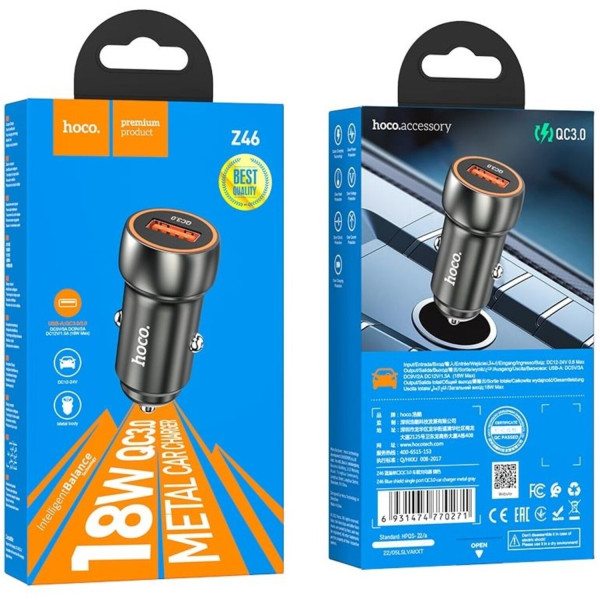Фото - Автомобільний зарядний пристрій HOCO Z46 QC3.0 18W Metal Gray (6931474770271)