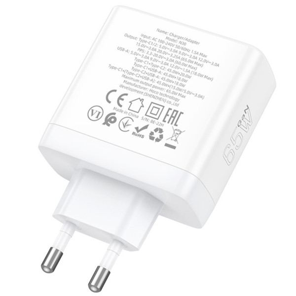 Фото - Мережевий зарядний пристрій HOCO N30 Glory PD65W three-port (2C1A) White (6931474784155)