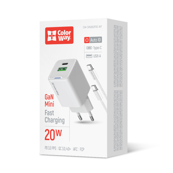 Фото - Мережевий зарядний пристрій Colorway GaN Mini 20W PD Port PPS USB (Type-C PD + USB QC4.0) cable Type-C (CW-CHS062PDC-WT)