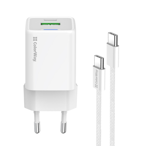 Фото - Мережевий зарядний пристрій Colorway GaN Mini 20W PD Port PPS USB (Type-C PD + USB QC4.0) cable Type-C (CW-CHS062PDC-WT)