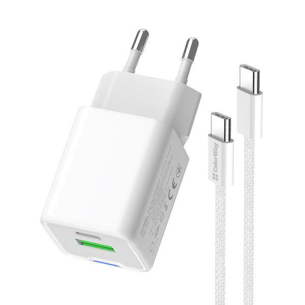 Фото - Мережевий зарядний пристрій Colorway GaN Mini 20W PD Port PPS USB (Type-C PD + USB QC4.0) cable Type-C (CW-CHS062PDC-WT)