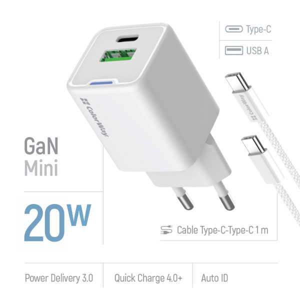 Фото - Мережевий зарядний пристрій Colorway GaN Mini 20W PD Port PPS USB (Type-C PD + USB QC4.0) cable Type-C (CW-CHS062PDC-WT)