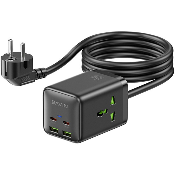 Фото - Мережевий зарядний пристрій Bavin PC2026Y 65W GaN Super Quick Charger QC4.0 + 2 PD3.0 Type-C + 2 USB-A 3A PPS + 2 AC 250V 2500W 1.5M Black (C-S-PC2026Y BK)