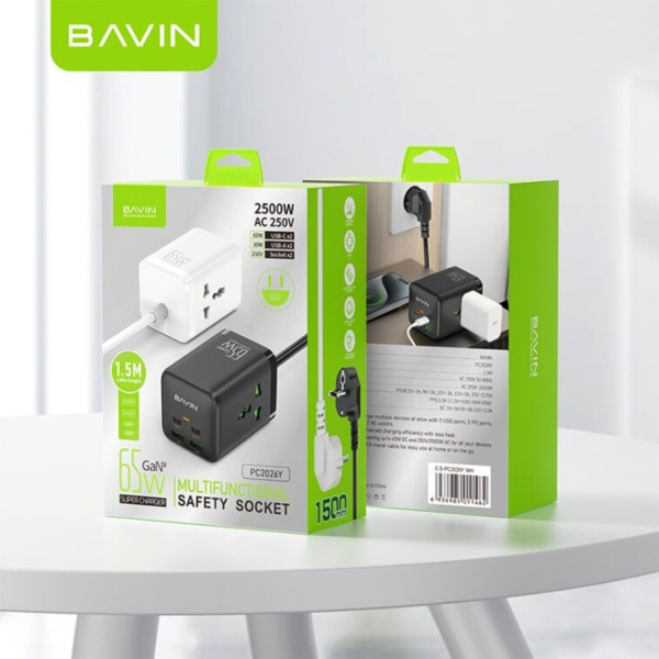 Фото - Мережевий зарядний пристрій Bavin PC2026Y 65W GaN Super Quick Charger QC4.0 + 2 PD3.0 Type-C + 2 USB-A 3A PPS + 2 AC 250V 2500W 1.5M Black (C-S-PC2026Y BK)