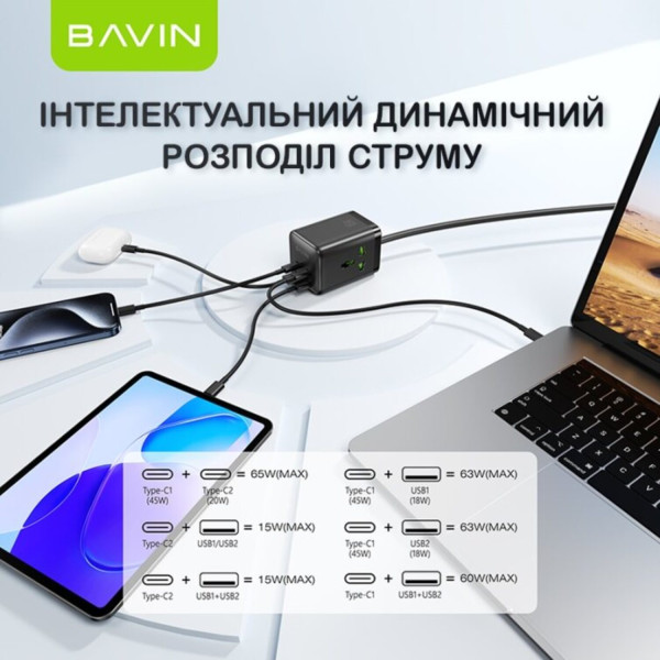 Фото - Мережевий зарядний пристрій Bavin PC2026Y 65W GaN Super Quick Charger QC4.0 + 2 PD3.0 Type-C + 2 USB-A 3A PPS + 2 AC 250V 2500W 1.5M Black (C-S-PC2026Y BK)