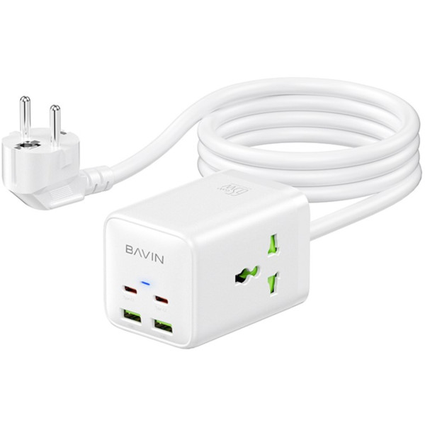 Фото - Мережевий зарядний пристрій Bavin PC2026Y 65W GaN Super Quick Charger QC4.0 + 2 PD3.0 Type-C + 2 USB-A 3A PPS + 2 AC 250V 2500W 1.5M White (C-S-PC2026Y WH)
