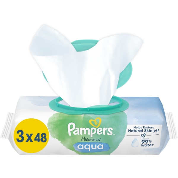 Фото - Вологі серветки для немовлят Pampers Harmonie Aqua, 144 шт. (3*48 шт) (80816903)