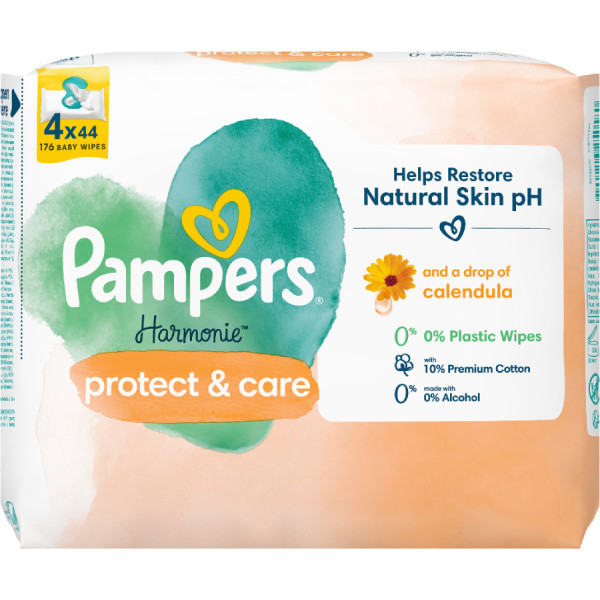 Фото - Вологі серветки для немовлят Pampers Harmonie Protect&Care з календулою, 176 шт. (4*44 шт) (80814644)