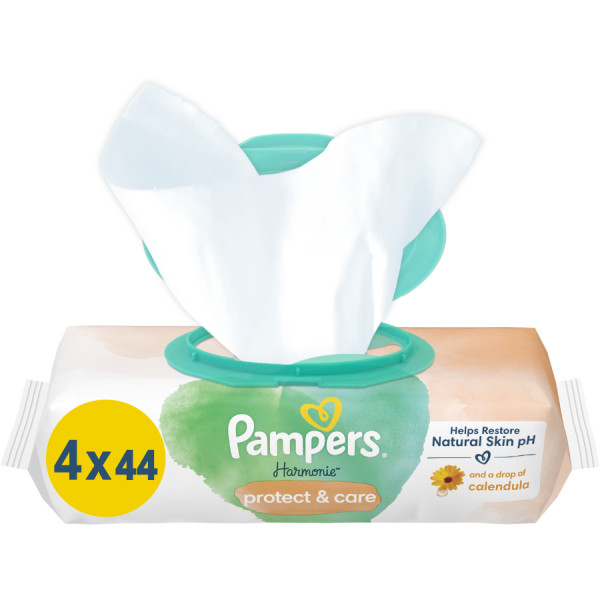 Фото - Вологі серветки для немовлят Pampers Harmonie Protect&Care з календулою, 176 шт. (4*44 шт) (80814644)