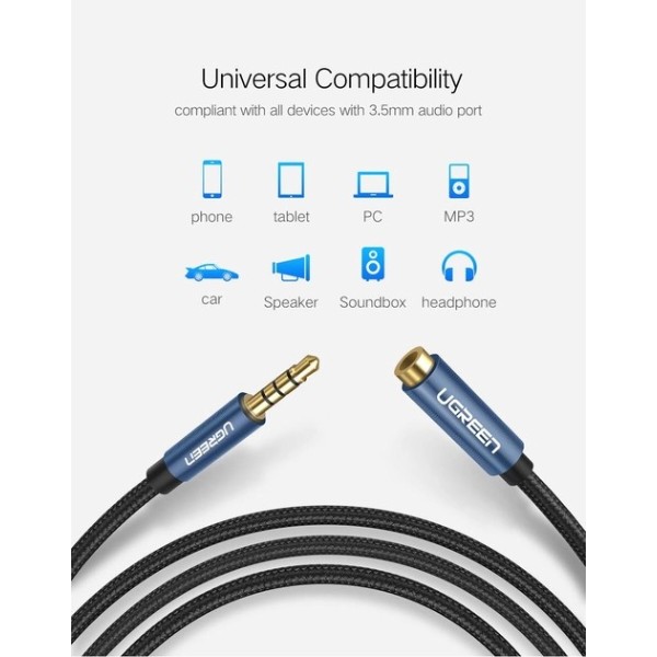 Фото - Кабель 3.5 мм -3.5 мм UGREEN AV118 3.5mm Male to 3.5mm Female Extensioin Cable 1m Blue (40673)