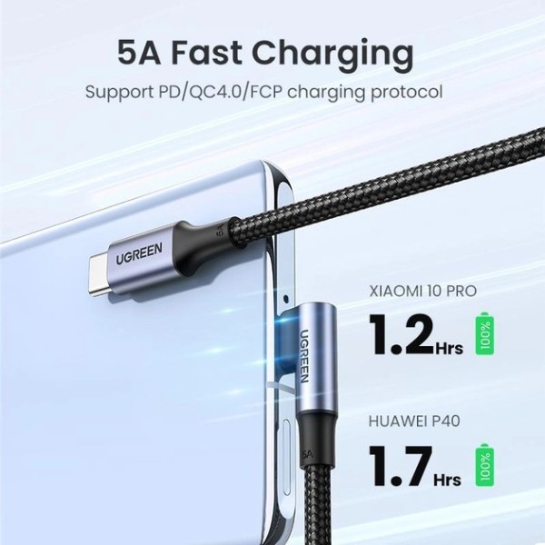 Фото - Кабель UGREEN US334 USB-C 2.0 to Angled USB-C M/M Cable Aluminium Shell with Braided 3m Black (20583)